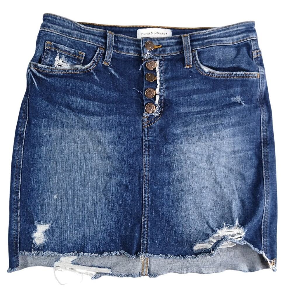 Flying Monkey Denim Skirt Womens 28 Blue Pockets Distressed Dark Wash Cotton